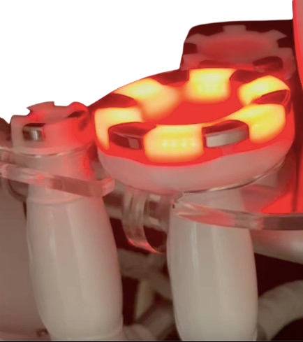 Photo montrant l'applicateur anti cellulite allumé sont visible la LED rouge médicale et la radiofréquence machine Médic M Essentiel