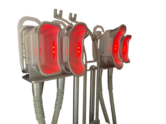 Applicateurs cryolipolyse avec LED rouge médical de différentes taille pour la destruction des amas graisseux.